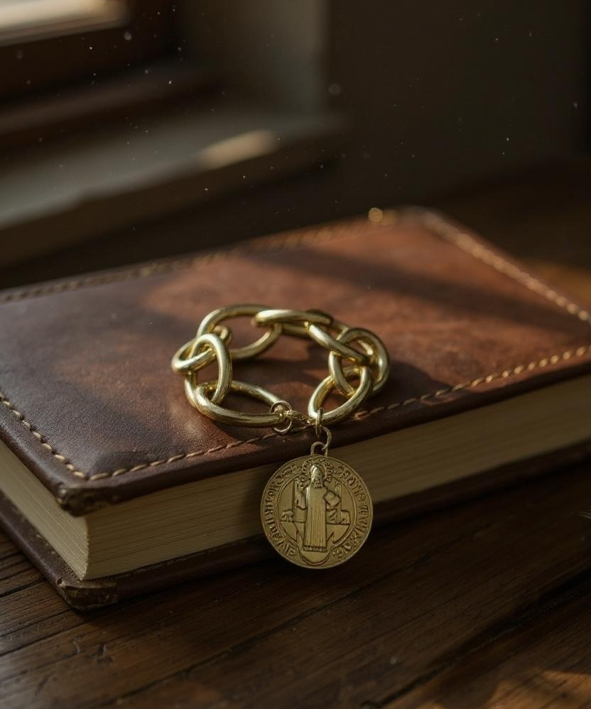 Pulseira dourada com pingente de moeda e elos em corrente, fecho metálico.