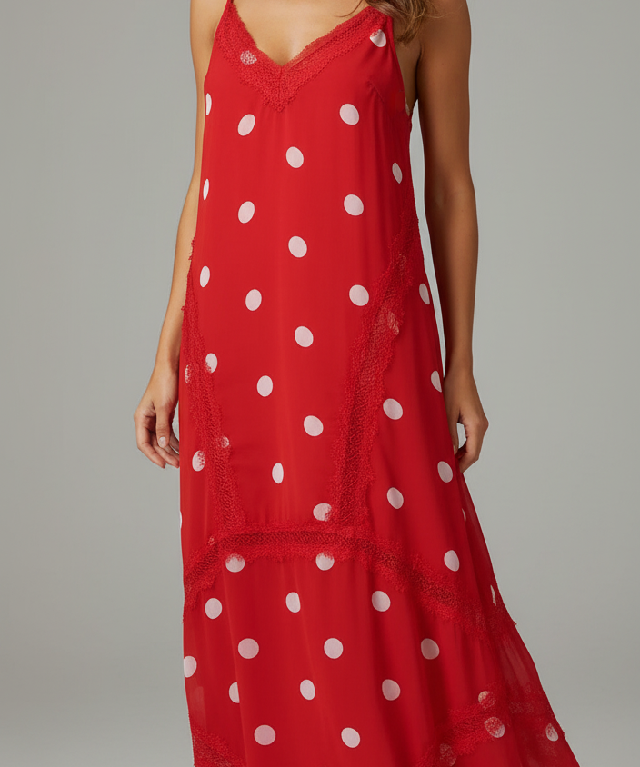 Vestido amplo vermelho com poá branco, decote V e alças finas, saia ampla