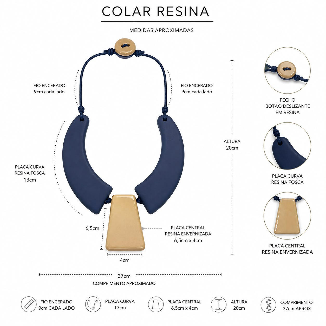 Infográfico do colar de resina: placa azul-marinho, placa central e medidas aproximadas