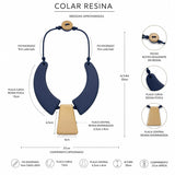 Infográfico do colar de resina: placa azul-marinho, placa central e medidas aproximadas