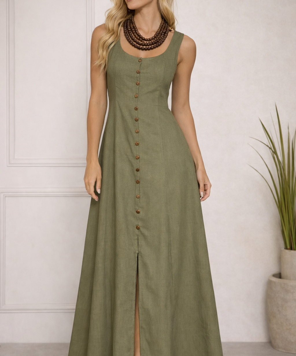 Vestido longo verde-oliva com alças largas, botões frontais e fenda na barra.