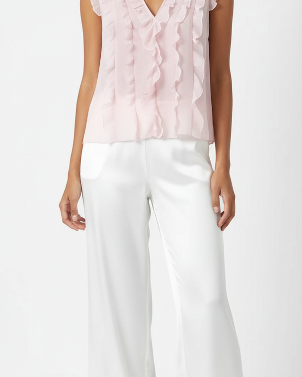 Blusa sem mangas rosa Candy com babados verticais na frente e decote V